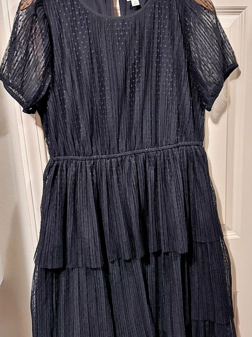 J.Crew Pleated Flock Dot Tiered Puff Sleeve Midi Dress Black 10